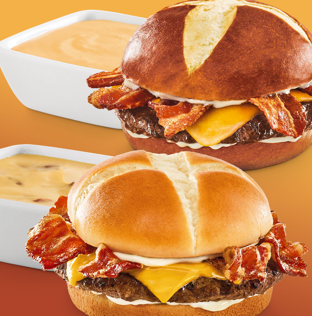 Cheesy Bacon Fondue Burger and Pretzel Bacon Beer-Cheese Burger