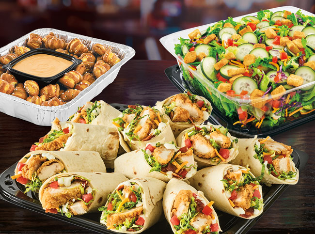Crispy Chicken Tender wraps, Pretzel Bites, House Salad